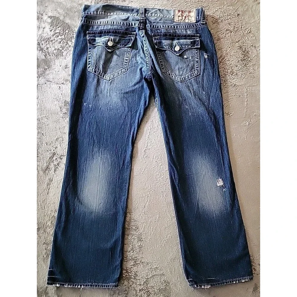 True Religion Jeans Men Size 40 Blue Distress Thick Stitch Flap Back Pockets